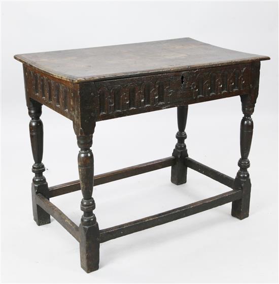 An early 18th century oak bible table, W.3ft 2in. D.2ft. H. 2ft 7in.